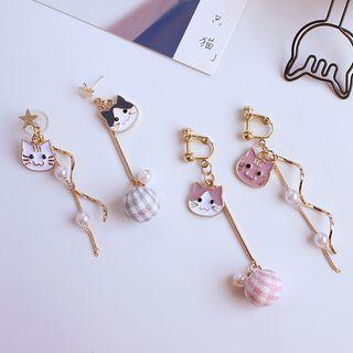 Non-matching Alloy Cat Faux Pearl Dangle Earring