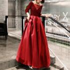 3/4-sleeve Mesh Panel A-line Evening Gown
