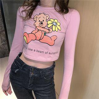 Long-sleeve Bear Print Cropped T-shirt Pink - One Size