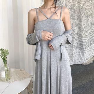 Set: Long Sleeve Open-front Cardigan + Spaghetti Strap Maxi Dress