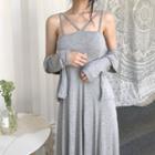Set: Long Sleeve Open-front Cardigan + Spaghetti Strap Maxi Dress