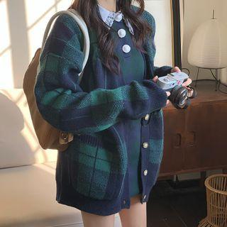 Plaid Long-sleeve Knit Jacket Green - One Size