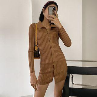 Collared Button-up Knit Mini Sheath Dress