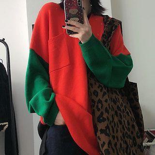 Polo-neck Paneled Sweater As Shown In Figure - One Size