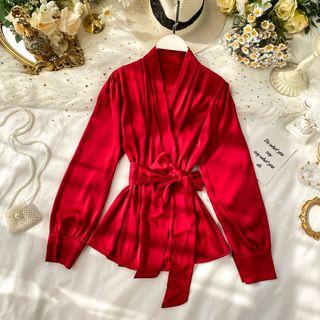 Long-sleeve Satin Wrap Top