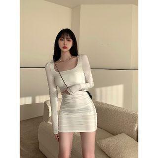 Long-sleeve Scoop-neck Mini Bodycon Dress Dress - White - One Size