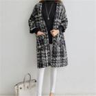 3/4-sleeve Plaid Tweed Open Coat Black - One Size
