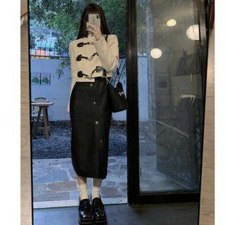 Plain Cropped Jacket / Faux Leather Midi Pencil Skirt