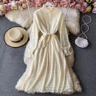 Stand-collar Inset Lace Midi Dress