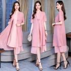 Set: Short Sleeve Layered Long Cardigan + Sleeveless A-line Dress