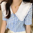 Ruffle Trim Collar Gingham Cropped Blouse
