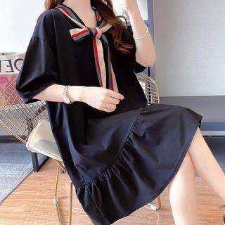 Elbow-sleeve Tiered Mini A-line T-shirt Dress