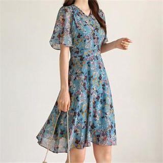 V-neck Floral Chiffon Flare Dress