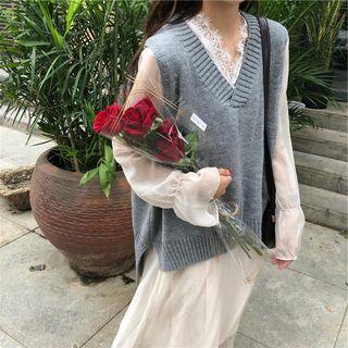 Bell-sleeve Plain Dress / Sleeveless Plain Knit Vest