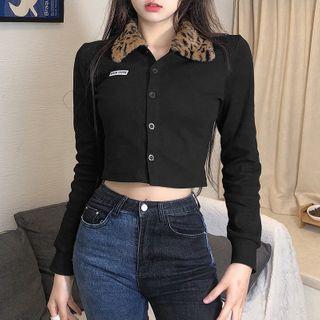 Long-sleeve Fluffy Leopard Print Button-up Crop Top