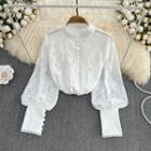 Puff Sleeve Eyelet Lace Faux Pearl Shirt