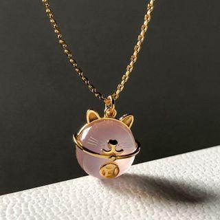 Fortune Cat Gemstone Pendant Sterling Silver Necklace Champagne Gold - One Size
