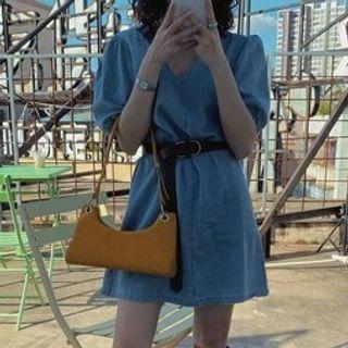 Short-sleeve Mini A-line Denim Dress Blue - One Size