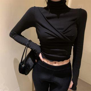 Long-sleeve Mock-neck Twist-front Cropped T-shirt