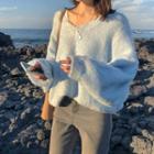 Long-sleeve Plain Sweater Sky Blue - One Size