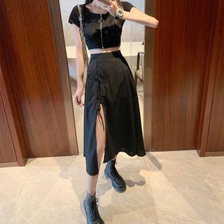 High-waist Drawstring Slit Skirt
