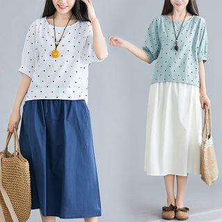 Set : Dotted Print T Shirt + Semi Skirt
