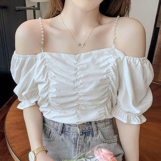 Short-sleeve Cold Shoulder Beaded Ruched Top
