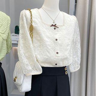 Elbow-sleeve Lace Shirt / High Waist A-line Skirt