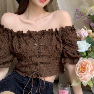 Off-shoulder Lace-up Cropped Blouse Coffee - One Size