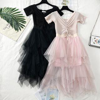 Drawstring V-neck Mesh A-line Dress