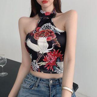 Halter-neck Crane Print Camisole Top
