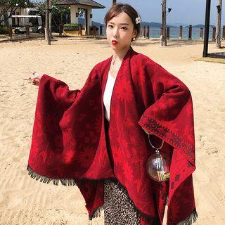 Floral Fringed Shawl Rhombus & Flower - Red - One Size