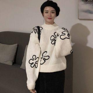Mock-neck Jacquard Sweater White - One Size