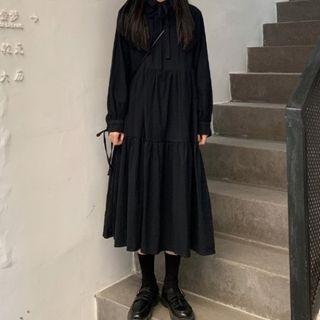 Long-sleeve Plain A-line Dress Z60 - Black - One Size