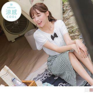 Bow-accent Pintuck Frilled Layered Sleeve Chiffon Top