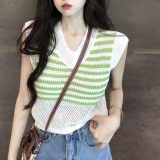 Striped Knit Tank Top Stripes - Green & White - One Size