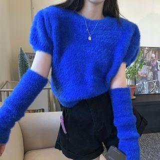 Set: Puff-sleeve Fluffy Knit Top + Oversleeves