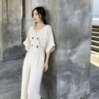 V-neck Wide-leg Elbow-sleeve Jumpsuit