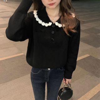 Two-tone Knit Blouse Black - One Size