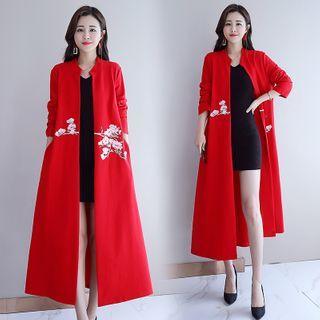 Long Floral Embroidered Open-front Jacket