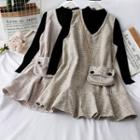 Set: Mock-neck Knit Top + Checker Sleeveless Dress