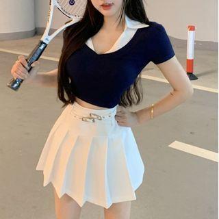 Mock Two-piece Short-sleeve Top / Pleated Mini Skirt