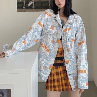 Long-sleeve Polo-collar Print Denim Jacket