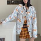 Long-sleeve Polo-collar Print Denim Jacket