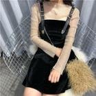 Set: Mock-neck Long-sleeve Top + Velvet Suspender A-line Dress