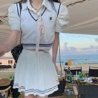 Short-sleeve Neck Tie Shirt / Vest / A-line Skirt
