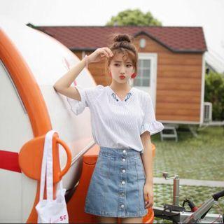 Short-sleeve Frill Trim Embroidered Chiffon Top