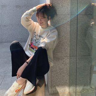 Printed Napped Sweatshirt Beige - One Size