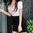 Set: V-neck Short-sleeve T-shirt + Cutout Mini Skirt