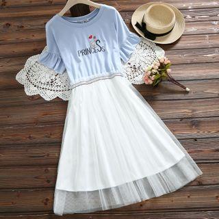 Short-sleeve Printed A-line Mesh Dress